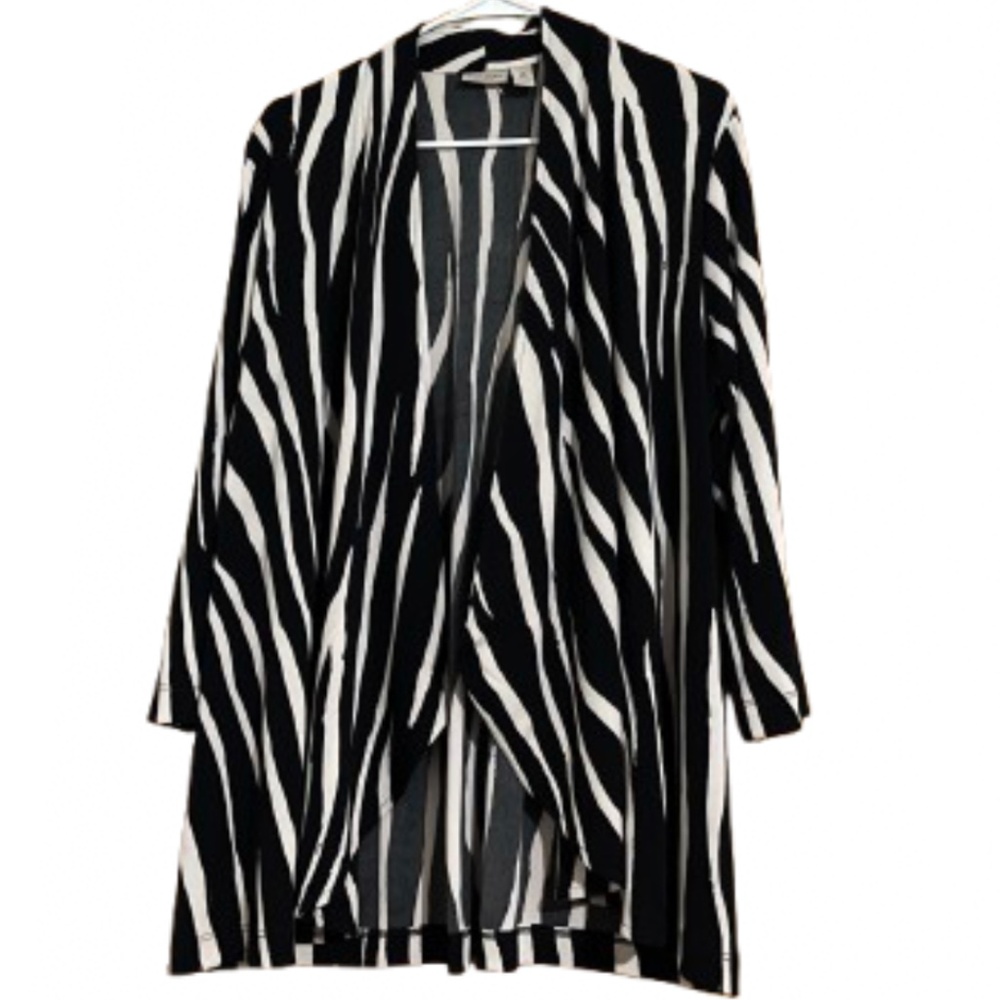 Chico’s Women Black & White Zebra Print Open Front Non-Iron Travel Cardigan Sz-L